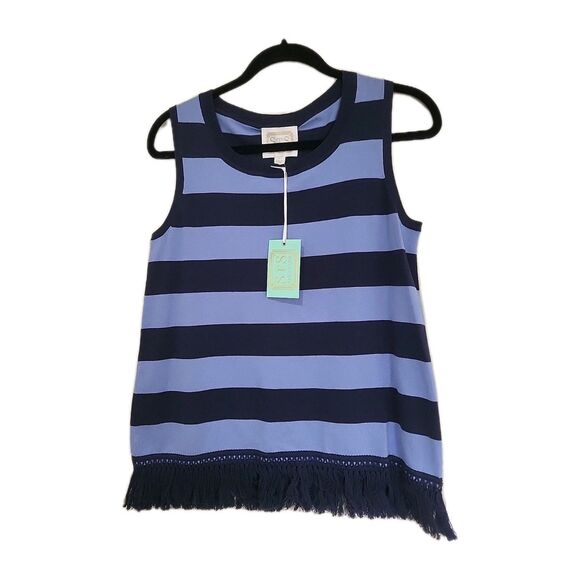 NWT STS Sail To Sable Blue/Navy Striped Fringe Nautical Tank Top Size S Shirt - Picture 1 of 10